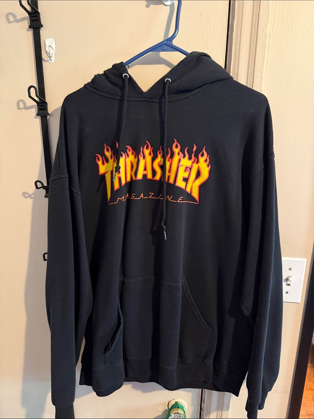 Thrasher Black Hoodie with Red and Yellow Flame Logo - Men